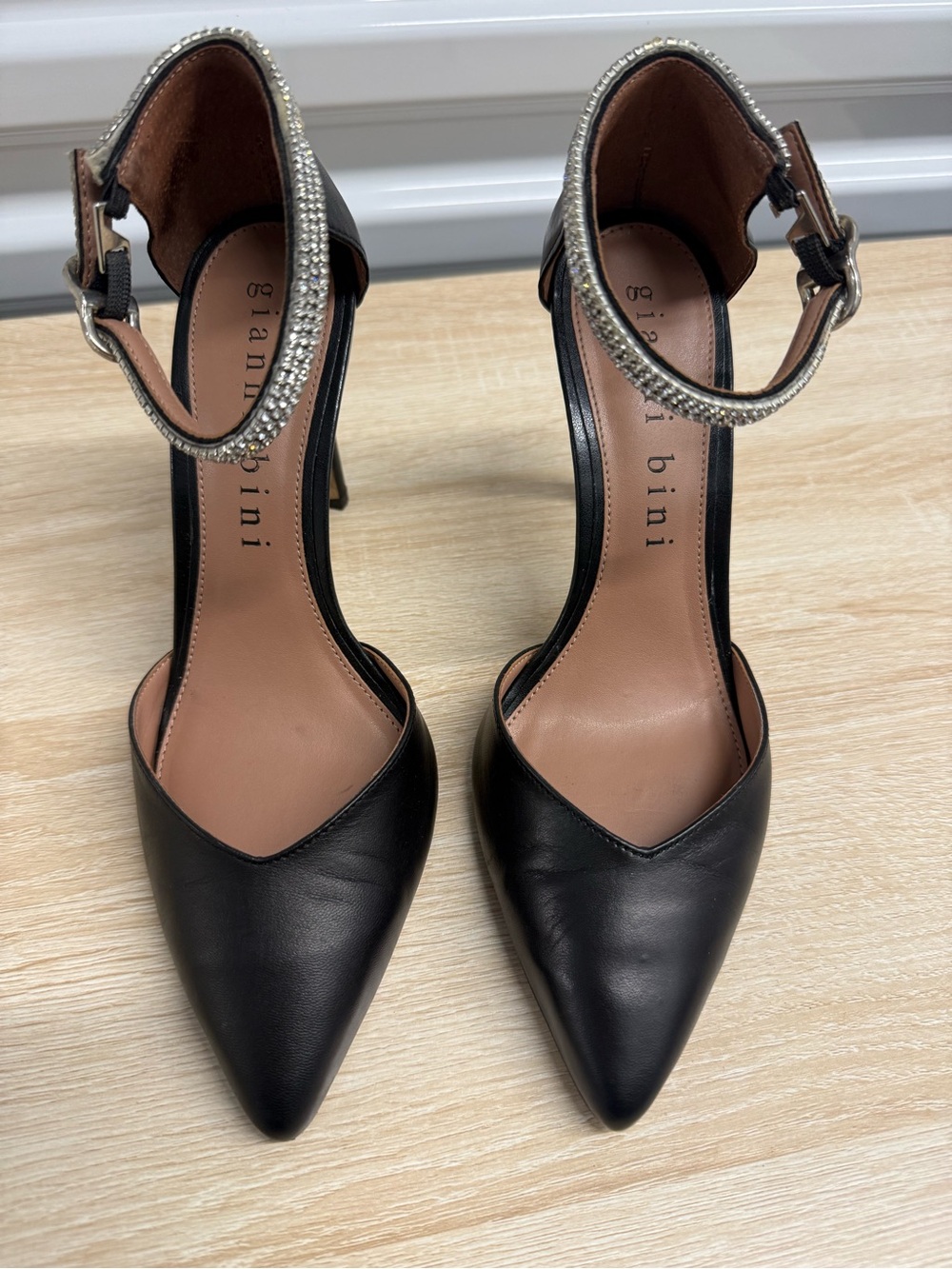 Gianni Bini Black Pointed Rhinestone Ankle-Strap Stiletto Heels